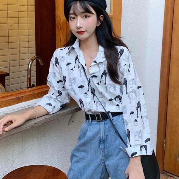 

women harajuku blouse long sleeve vintage girl cartoon print korean casual loose shirt elegant plus size autumn women's blouses & shirt, White