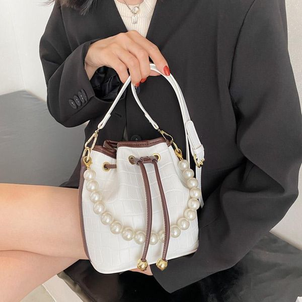 

evening bags crocodile pattern bucket bag women's shoulder luxury pu leather crossbody female designer pearl chain handbag and purse