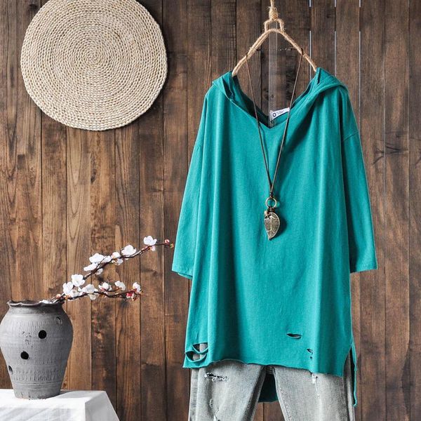 

medium length women fashion harajuku hooded short sleeve t-shirt summer v-neck loose female large size holed vintage hoodie women's, White