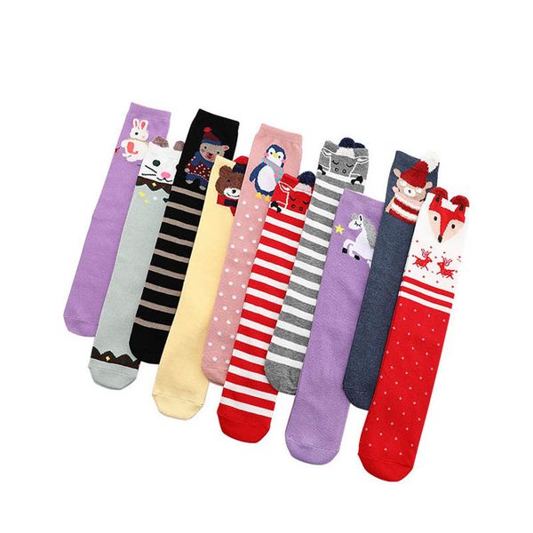 

kids socks girls knit knee high sock cotton children accessories stockings cartoon stripe baby clothes 3-12y b8829, Pink;yellow