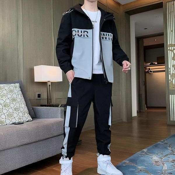 

autumn hip hop sweat suit mens tracksuit male patchwork sportswear clothes sweatshirts sweatpants track sets, Gray