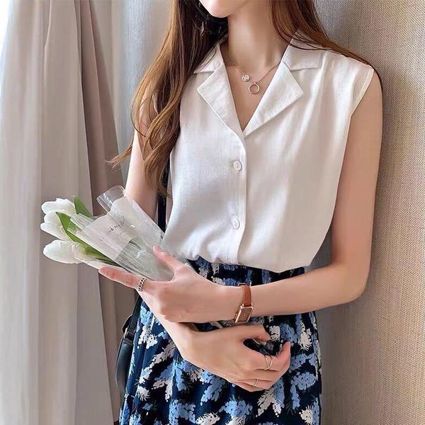 

women's blouse summer solid color v-neck sleeveless chiffon bottoming shirt female blouses & shirts, White