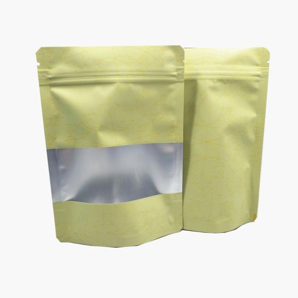 

50pcs/lot yellow aluminum foil stand up bag with frosted window printed storage doypack tea pouches bags