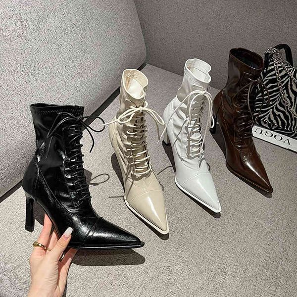 

dress shoes botas de tornozelo feminina bico fino, calÃ§ado salto alto fino com amarra cruzada, preto/branco/marrom/bege, moda inverno/outono, Black