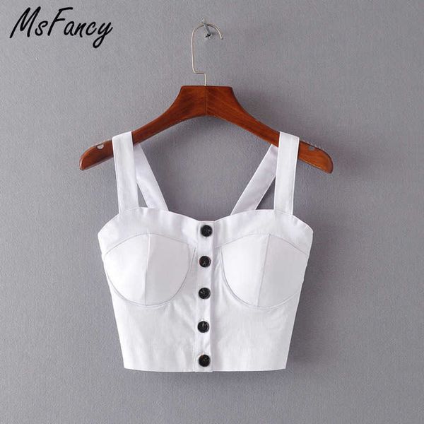 

msfancy summer white crop women slim single breasted tank mujer tanks camis 210604