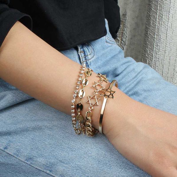 

link chain vintage star shell multilayer alloy bracelet for women fashion party jewelry set accessories, Black