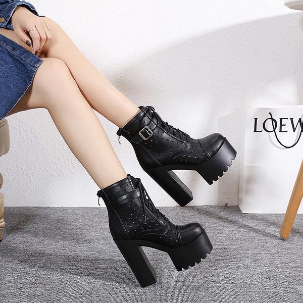

women's shoelaces, high heels, platform boots, round head shoelace buckle, party shoes, promotional rubber soles dress shoes, Black