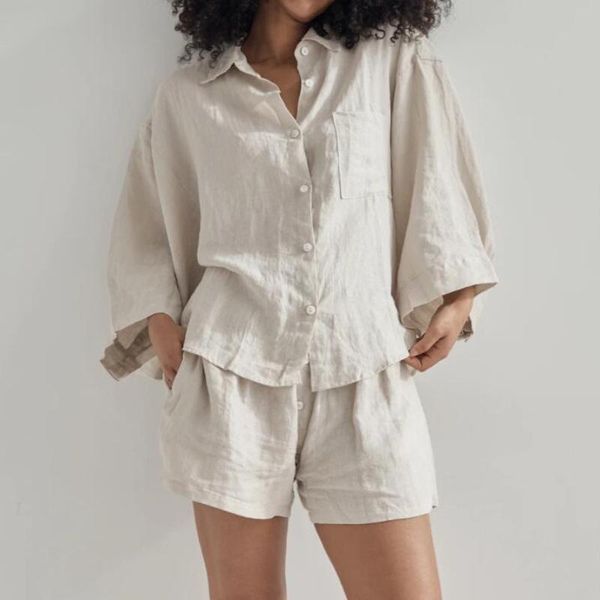 

women's tracksuits summer two piece set women 2021 shorts sets cotton vintage boho oversized shirt high waist loose mujer, Gray