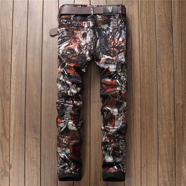 

men's pants fashion slim 3d print shinny coated pants casual y2k painted long trousers 12ub, Black