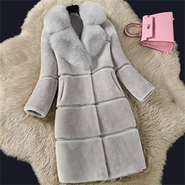 

faux fur coats large size 5xl women winter thick long jacket fashion fake collar outerwear 210910, Black