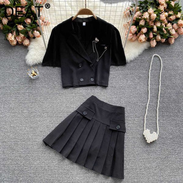 

deat women double-breasted notched collar pleated skirt short two piece set temperament fashion summer 11d1303 210709, White