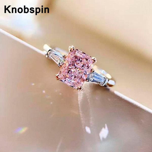 

knobspin luxury 100% 925 sterling silver 2 s pink wedding rings for women high carbon diamond party fine jewelry wholesale cluster, Golden;silver