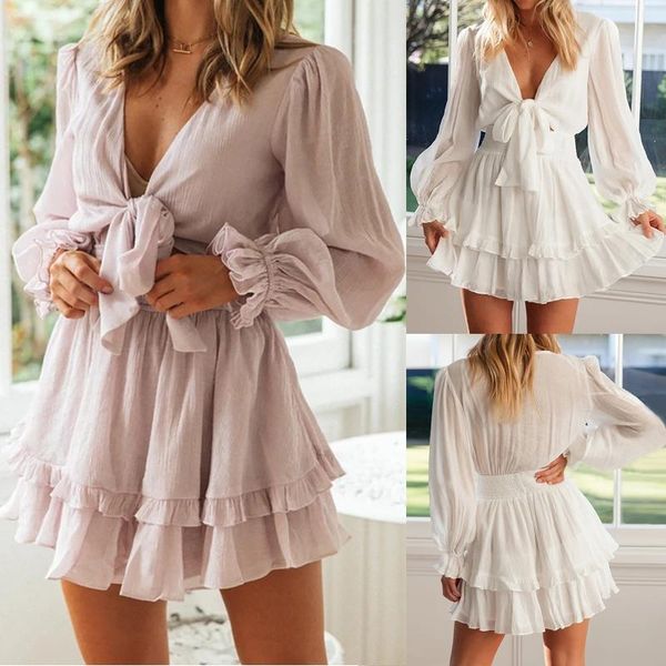 

casual dresses women's v-neck hollow out long sleeve solid bow dress summer fashion lace ladies retro bohemian thin section, Black;gray