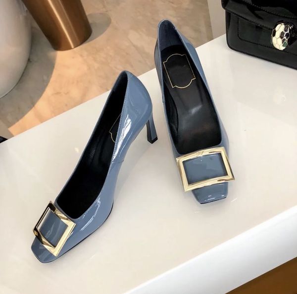 

brand women's shoe square buckle squares toe flat shoes shallow mouth mid-heel sandals casual professional ladies light blue patent lea, Black