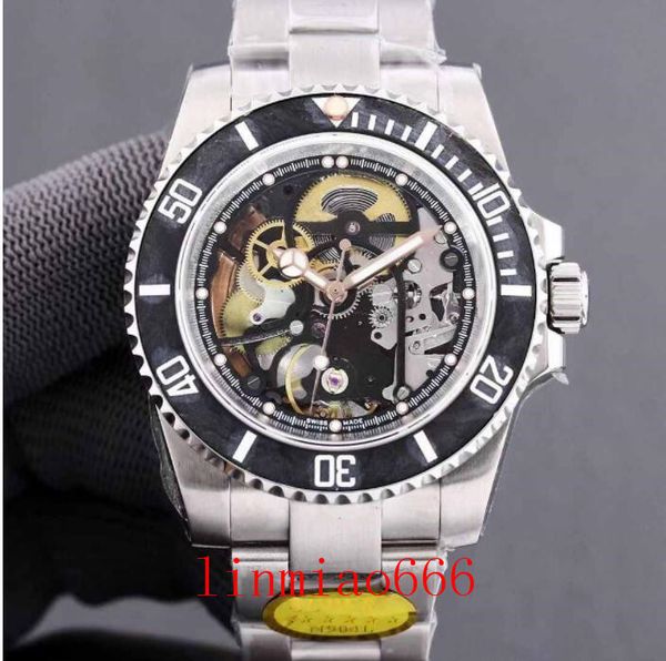 

men's watch, diving, hollow disc, steel belt, folding buckle, carbon fiber ring, wholesale and retail, sapphire glass, 40mm, Slivery;brown