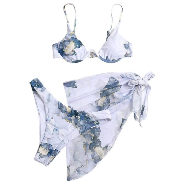 

one-piece suits 3pcs swimsuit set women marble print push up underwire triangle brazilian bikini bathing suit with sarong cover beach