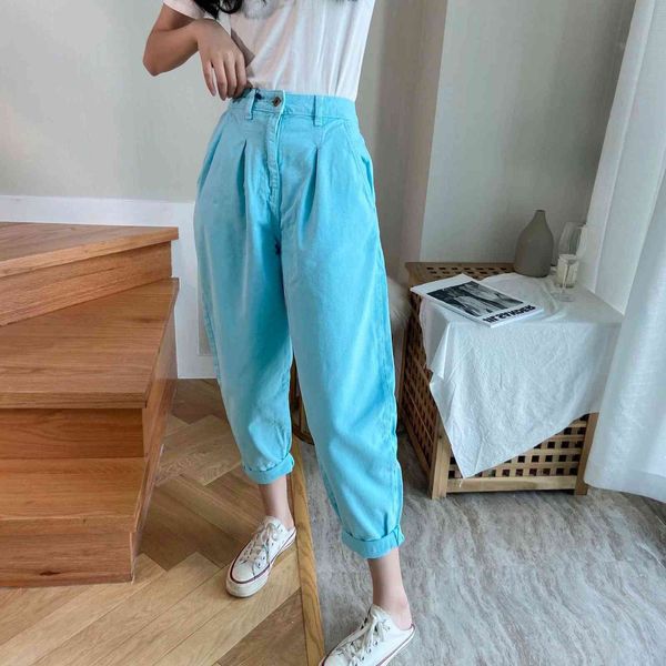 

women's jeans high waist wash brim with clothes spring turnip denies loose pants baggy female, Blue
