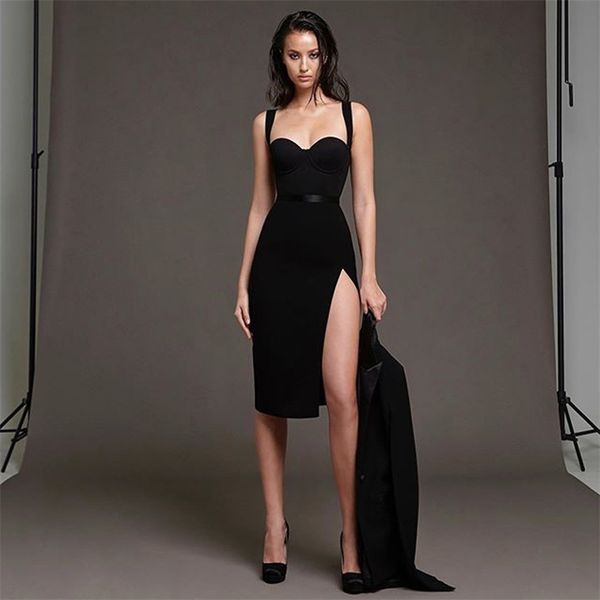 

summer women elegant black bodycon bandage dress spaghetti strap midi blue club celebrity runway party 210507, Black;gray