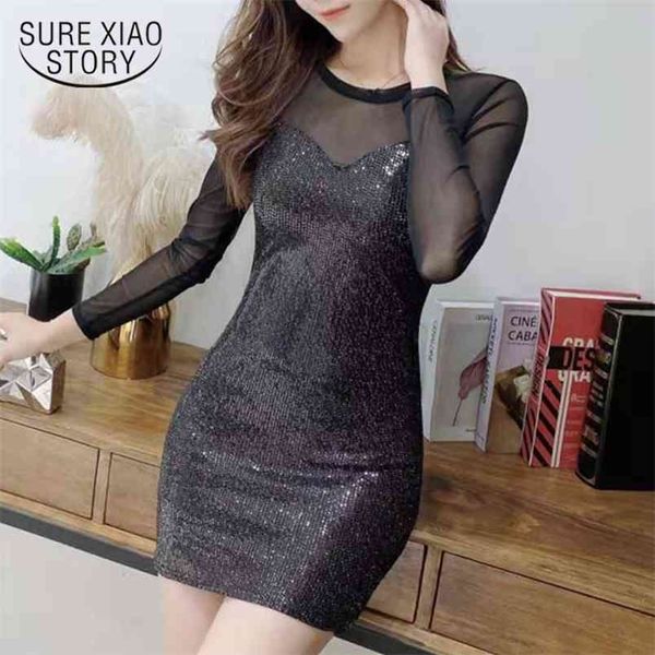 

spring slim long sleeve mesh lace stitching dress female sequined o-neck backless robe fashion clothes 12699 210421, Black;gray