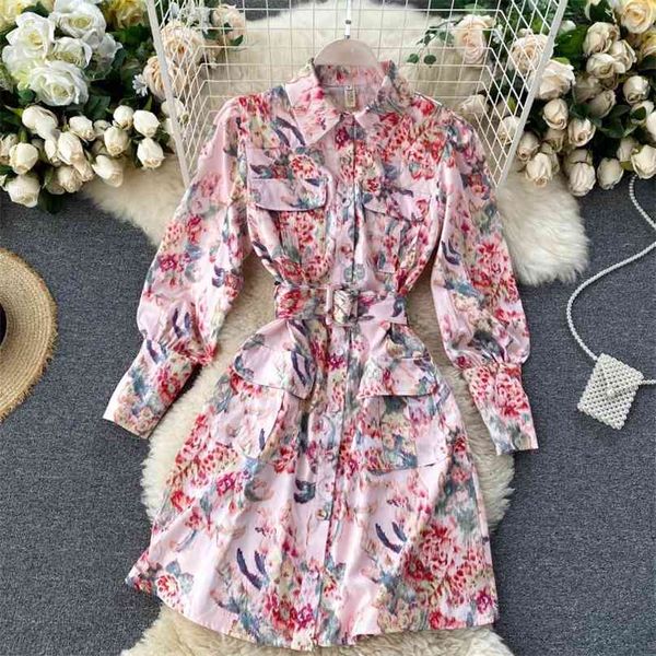 Dame Retro Ölgemälde Kleid Mode Frauen Kleidung Langarm Elegante Koreanische Hohe Taille Vestidos N675 210527