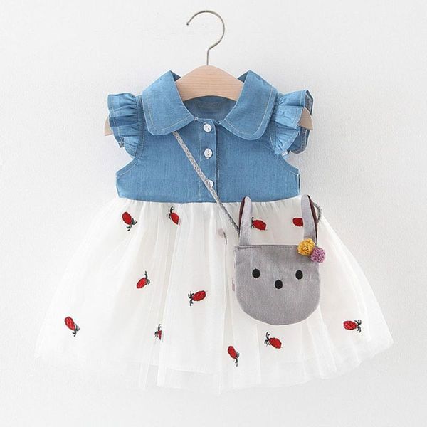 

girl's dresses baby girlspatchwork print tulle dress princess children flying sleeves frill denim stitching mesh + satchel, Red;yellow