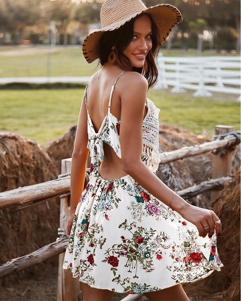 

casual dresses bohemian style sleeveless printed dress lace edge embroidery comfy elegant backless spaghetti strap vestidos beach sundr, Black;gray