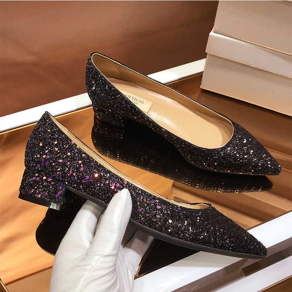 

sequin middle women's thick heel 2021 wedding princs wedding drs bride pointed single sho, Black