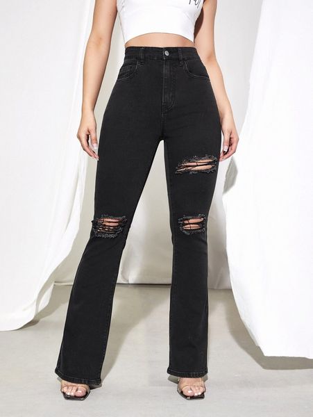 

high waisted ripped bootcut jeans m3td#, Blue