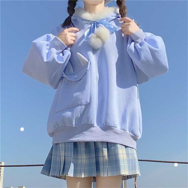 

women's hoodies & sweatshirts kawaii fluffy bunny ear pink hoodie women lolita teen soft girls cute sweatshirt sweet aesthetic ove, Black