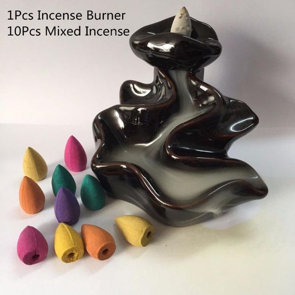 

fragrance lamps 1pcs retro handmade porcelain ceramic backflow incense burner holder with 10pcs buddhist decoration home