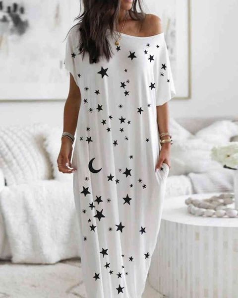 

women summer elegant short sleeve stars print casual dress 210415, Black;gray