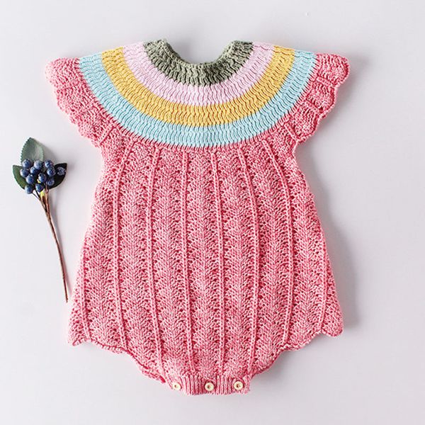 Frühling Herbst Baby Jungen Mädchen Strampler Kleidung Stricken Regenbogen Kragen Säuglings Body 210429