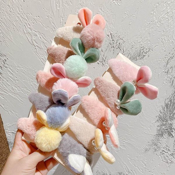 

fashion autumn winter 5pcs/set girls adorable ear bow hair clip faux fur hairpin women kids accessories1