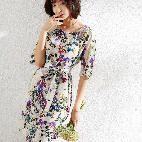 

printing color of small broken flower a word silk dress five sleeve loose mulberry casual dresses, Black;gray