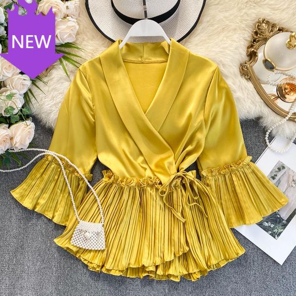 

flare sleeves slim blouse ladies casual flounced solid draped shirt 2021 women v-neck poplin three quarter women's blouses & shirts, White