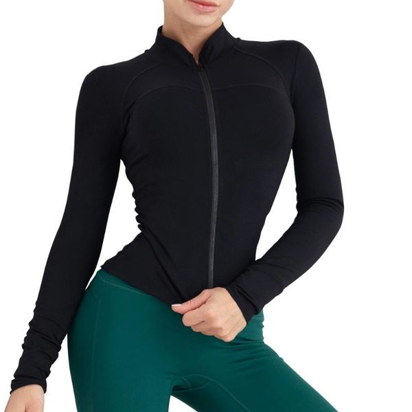 

running jackets women sport full zipper long sleeves coats slim shirts daily yoga crop, Black;red