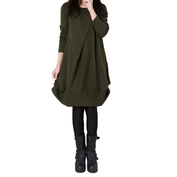 

casual dresses 2021 women solid color spring long sleeve large size irregular pockets round collar elegant bd, Black;gray