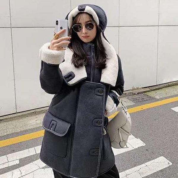 

women's fur & faux brand winter coat women natural real sheep coats hooded long style female clothes genuine leather jacket sheepskin, Black