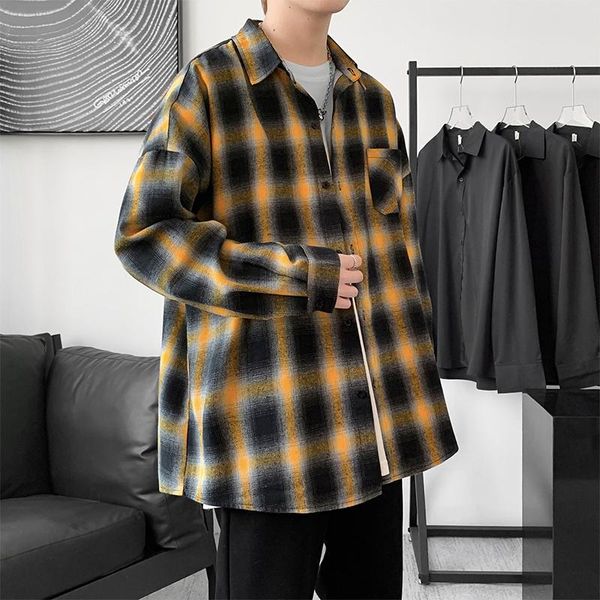 

men's casual shirts autumn plaid shirt fashion retro orange green men streetwear korean loose long-sleeved mens -2xl, White;black