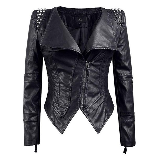 

women's leather & faux 2021 punk rivet shrug slim locomotive pu jacket y798, Black