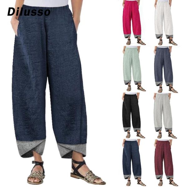 

women's pants & capris 2021 cotton linen vintage summer elastic waist irregular trousers pantalon casual dandelion print cropped 5xl#d3, Black;white