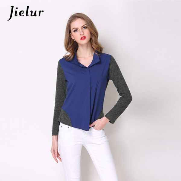 

women's blouses & shirts spring autumn ladies blouse fashion gray and blue patchwork s-xl long sleeve formal ol blusas femininas, White