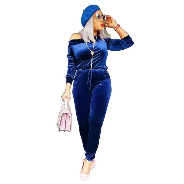 

women's jumpsuits & rompers fashion jumpsuit blue gold velvet diagonal shoulder collar piece suit casual long sleeve, Black;white