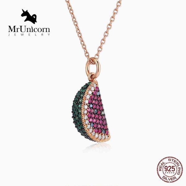 

mrunicorn s925 silver summer watermelon necklace lady sweet fruit pendant sterling silver collarbone chain birthday gift, Golden;silver