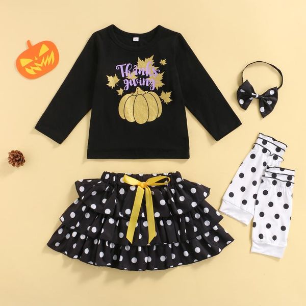

clothing sets baby girl set pumpkin leaf printed long sleeve + polka dot skirt leggings headwear 4 piece, White