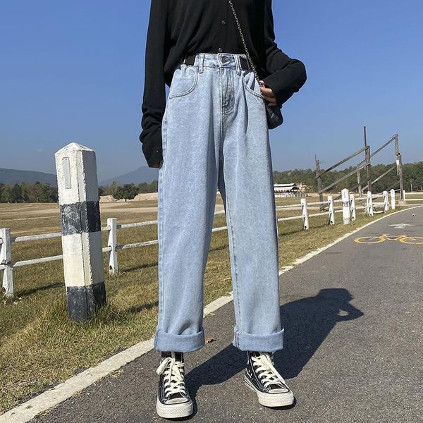 

women's jeans woman high waisted 2021 spring summer streetwear baggy wide leg vintage fashion stretch blue harajuku straight pants