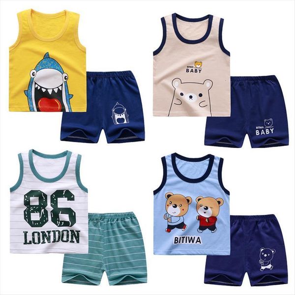 

summer boys girls cartoon vest sets kids cotton clothes toddler girl pajamas baby printed shorts boutique outfits set, White
