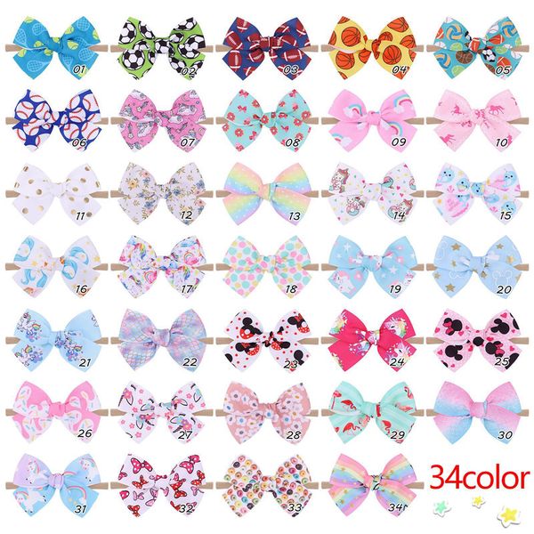 

34 colors baby hair accessory bow headband for girl princess elastic unicorn softball flower print head band turban soft boutique for party, Slivery;white