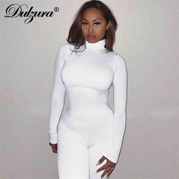 

dulzura solid women long sleeve jumpsuit high neck pearl button skinny bodycon streetwear 2021 autumn winter sporty romper, Black;white