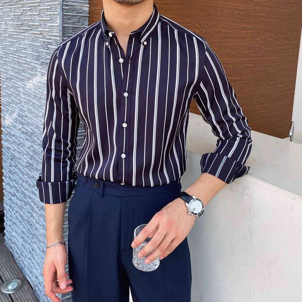 

men's casual shirts summer 2021 men's business stripe slim long sleeve designer shirt evening office social large, White;black